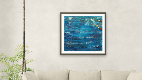 Against the Current by Dobee Snowber, shown at 32 × 32 in (81.3 × 81.3 cm) in Ramino Satin Black, living [arteriel-render:v6:room_a:32x32@58,42]