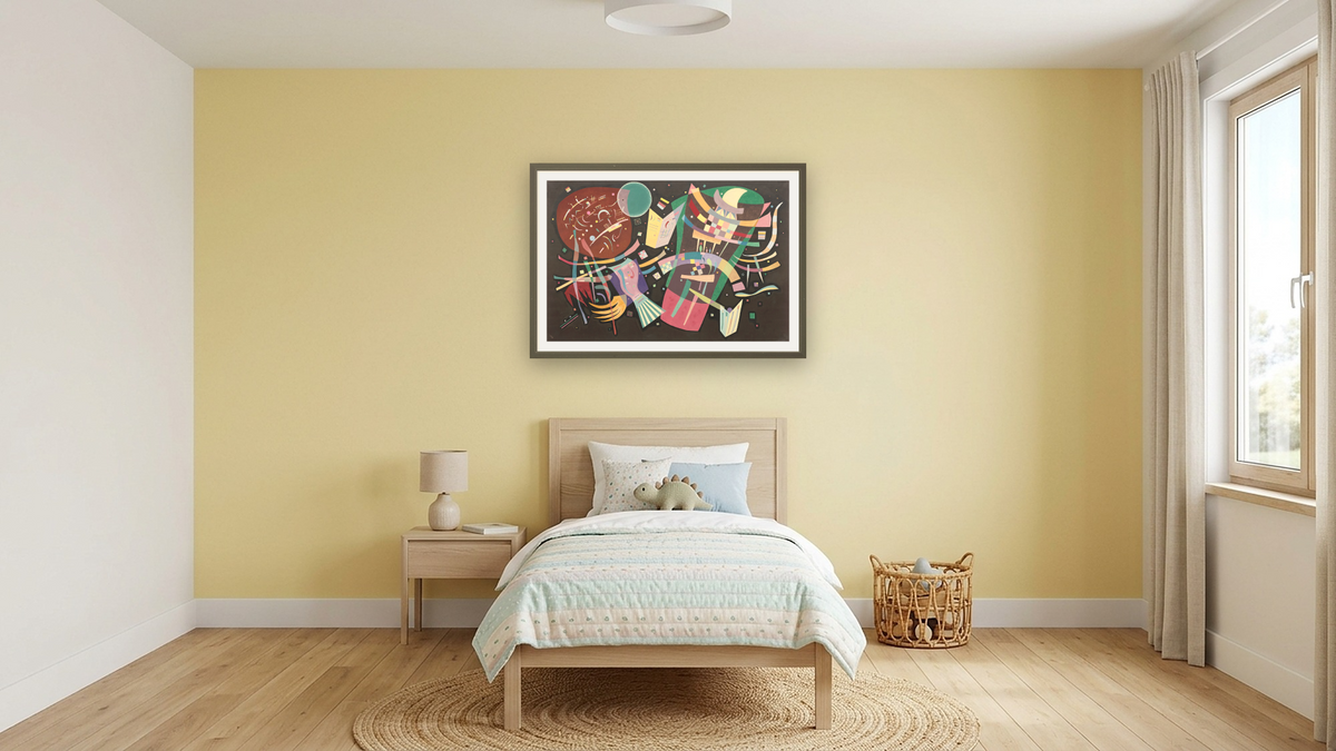Composition X by Wassily Kandinsky, shown at 28 × 42 in (71.1 × 106.7 cm) in Ramino Satin Black, kids' room