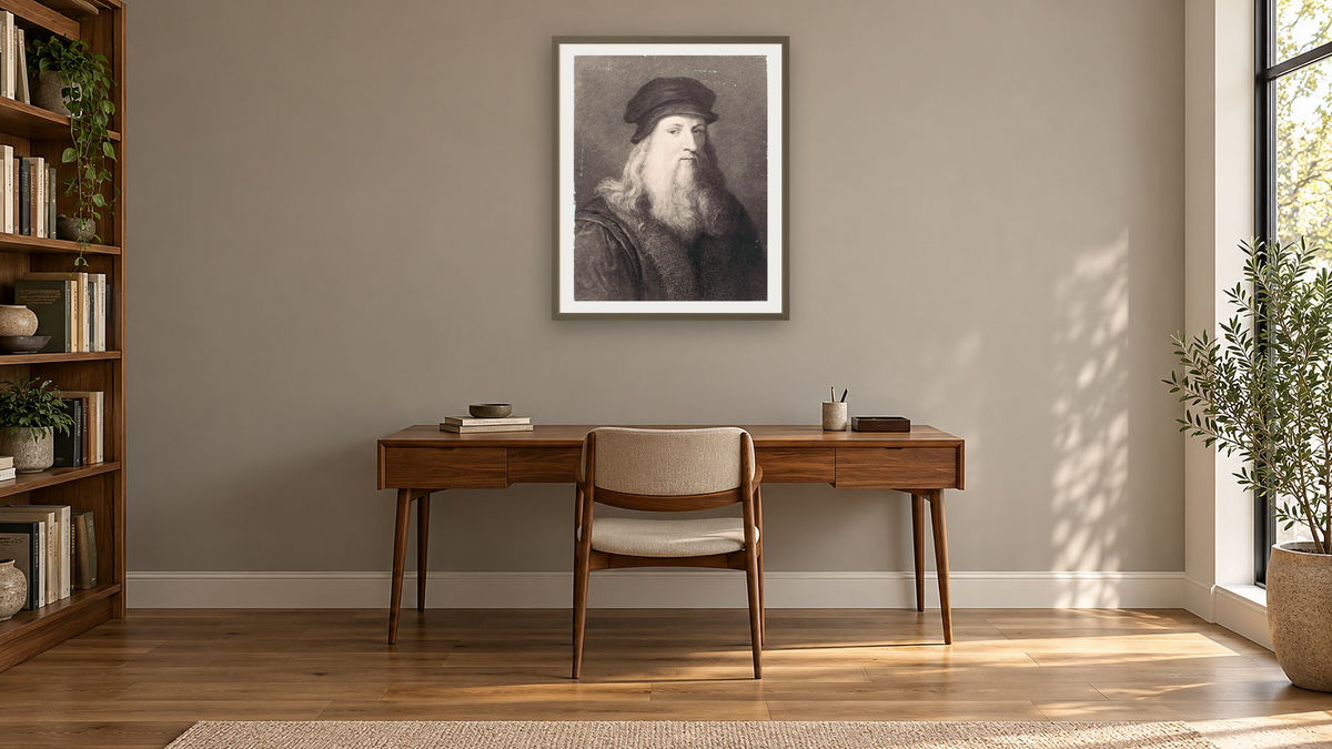 Leonardo da Vinci, engraved by Raphael Morghen by Leonardo da Vinci, shown at 32 × 40 in (81.3 × 101.6 cm) in Ramino Satin Black, library