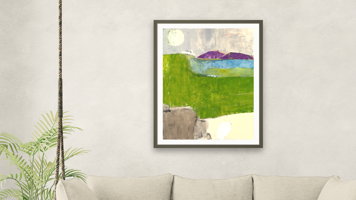Mountain Lake by Louise Gaskill, shown at 30 × 40 in (76.2 × 101.6 cm) in Ramino Satin Black, living