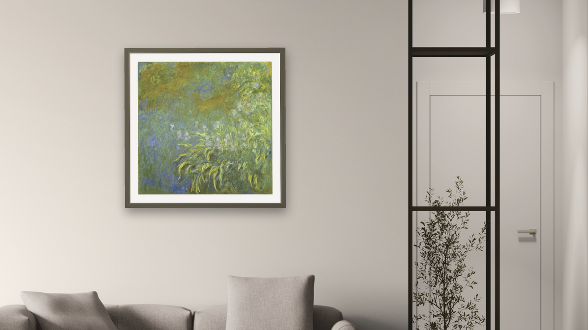 Iris by Claude Monet, shown at 32 × 32 in (81.3 × 81.3 cm) in Ramino Satin Black, living
