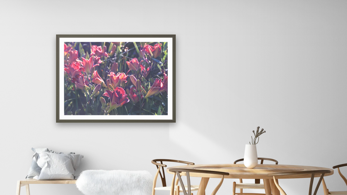 Summer Lilies by Kirsten Söderlind, shown at 30 × 40 in (76.2 × 101.6 cm) in Ramino Satin Black, dining
