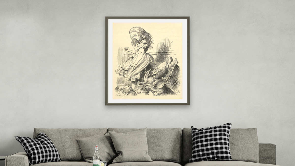 Giant Alice upsets the Jury Box, from 'Alice's Adventures in Wonderland' by Lewis Carroll by John Tenniel, shown at 32 × 40 in (81.3 × 101.6 cm) in Ramino Satin Black, living