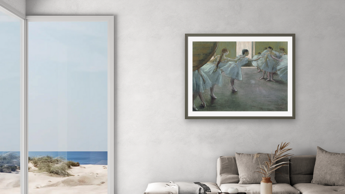 Dancers at Rehearsal by Edgar Degas, shown at 32 × 40 in (81.3 × 101.6 cm) in Ramino Satin Black, living