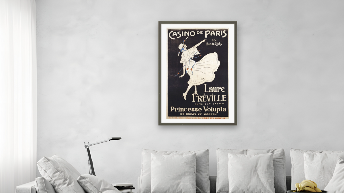 Casino de Paris Laure Freville Poster, shown at 28 × 42 in (71.1 × 106.7 cm) in Ramino Satin Black, living