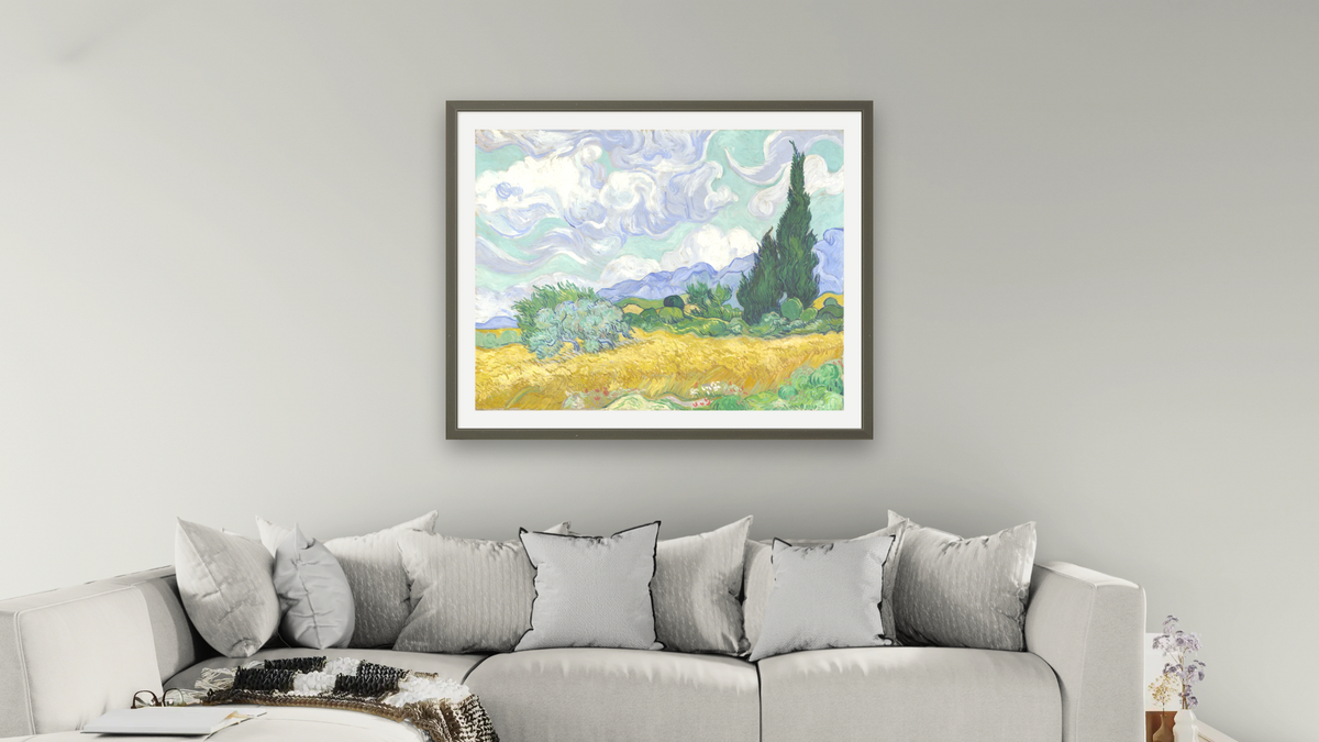 Wheat Field with Cypresses by Vincent van Gogh, shown at 32 × 40 in (81.3 × 101.6 cm) in Ramino Satin Black, living