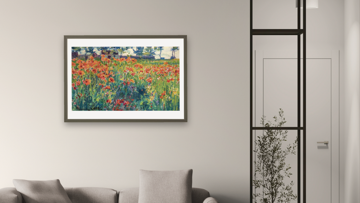 Poppies in France by Robert William Vonnoh, shown at 28 × 42 in (71.1 × 106.7 cm) in Ramino Satin Black, living