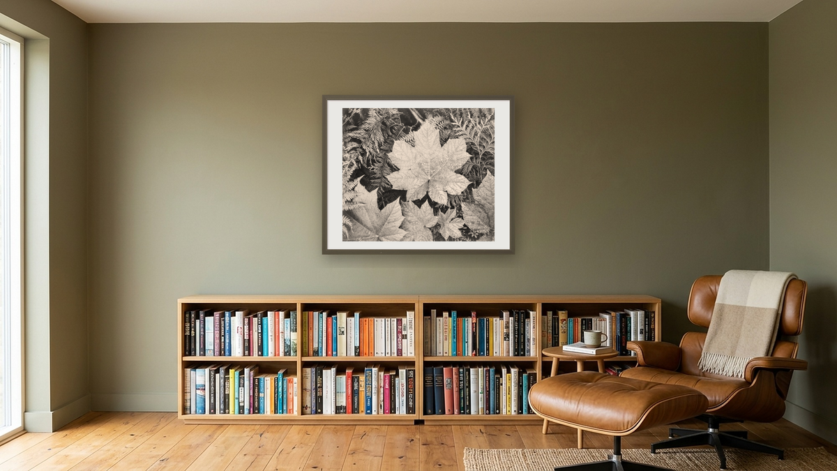 In Glacier National Park by Ansel Adams, shown at 32 × 40 in (81.3 × 101.6 cm) in Ramino Satin Black, library