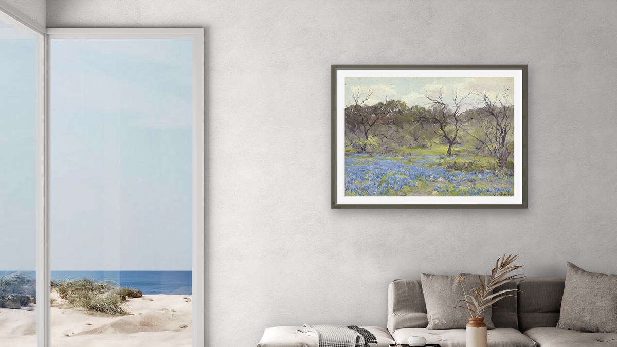 Early Spring-Bluebonnets and Mesquite by Julian Onderdonk, shown at 30 × 40 in (76.2 × 101.6 cm) in Ramino Satin Black, living