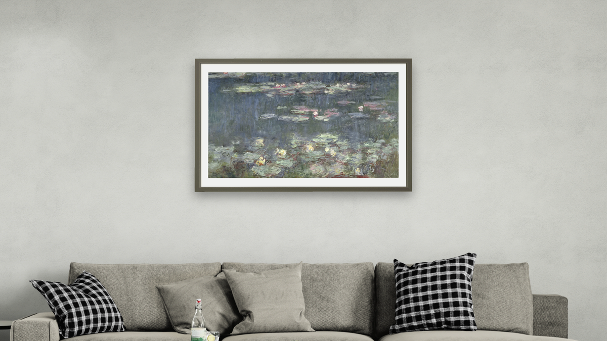 Waterlilies: Green Reflections by Claude Monet, shown at 28 × 42 in (71.1 × 106.7 cm) in Ramino Satin Black, living