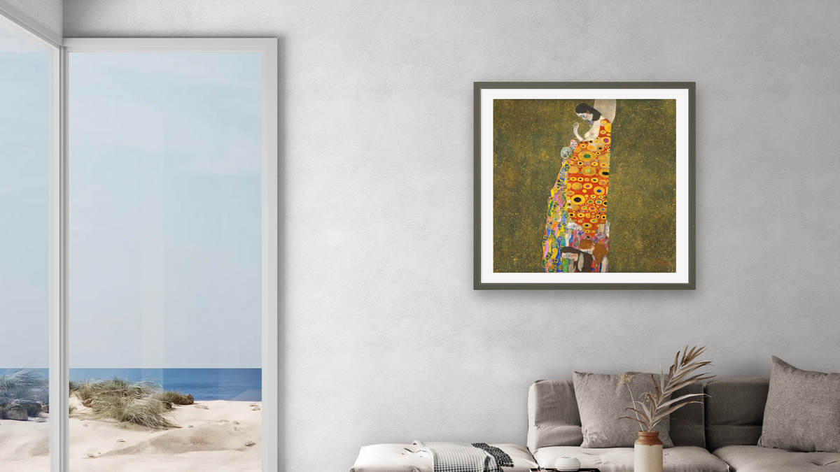 Hope, II by Gustav Klimt, shown at 32 × 32 in (81.3 × 81.3 cm) in Ramino Satin Black, living