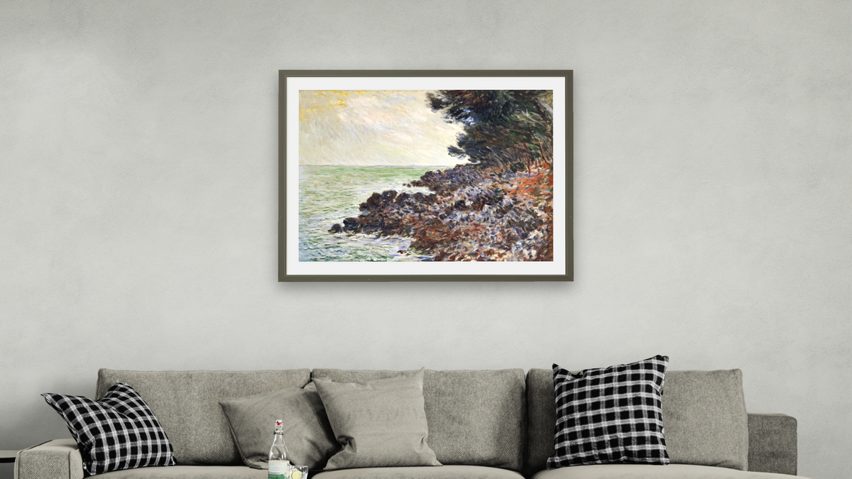 Cap Martin by Claude Monet, shown at 32 × 40 in (81.3 × 101.6 cm) in Ramino Satin Black, living