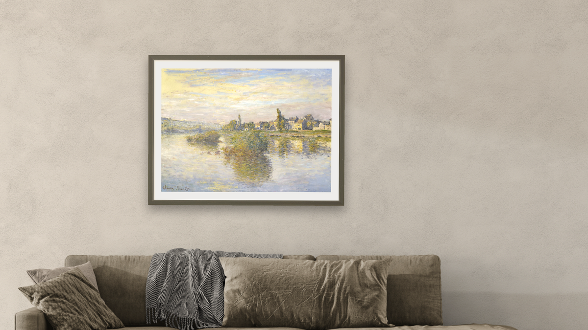 Bords de la Seine à Lavacourt by Claude Monet, shown at 30 × 40 in (76.2 × 101.6 cm) in Ramino Satin Black, living