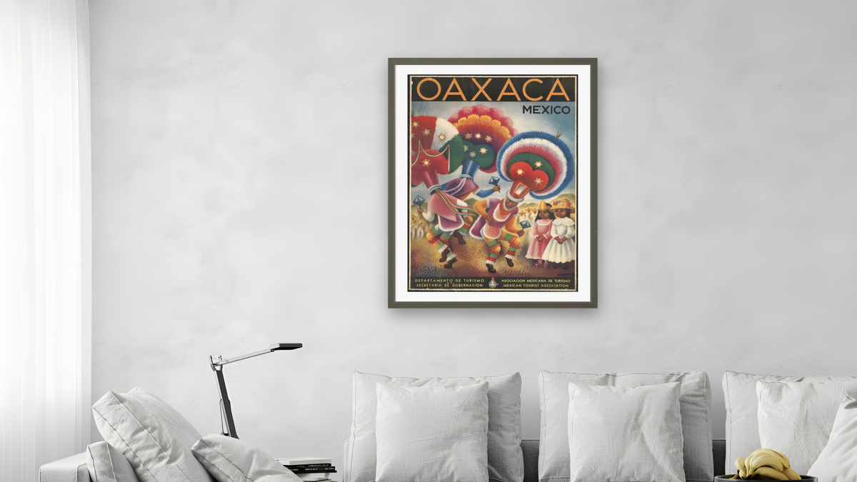 BPL Travel Posters, shown at 30 × 40 in (76.2 × 101.6 cm) in Ramino Satin Black, living