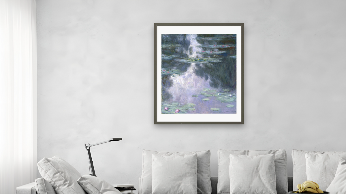 Water Lilies (Nympheas) by Claude Monet, shown at 32 × 40 in (81.3 × 101.6 cm) in Ramino Satin Black, living