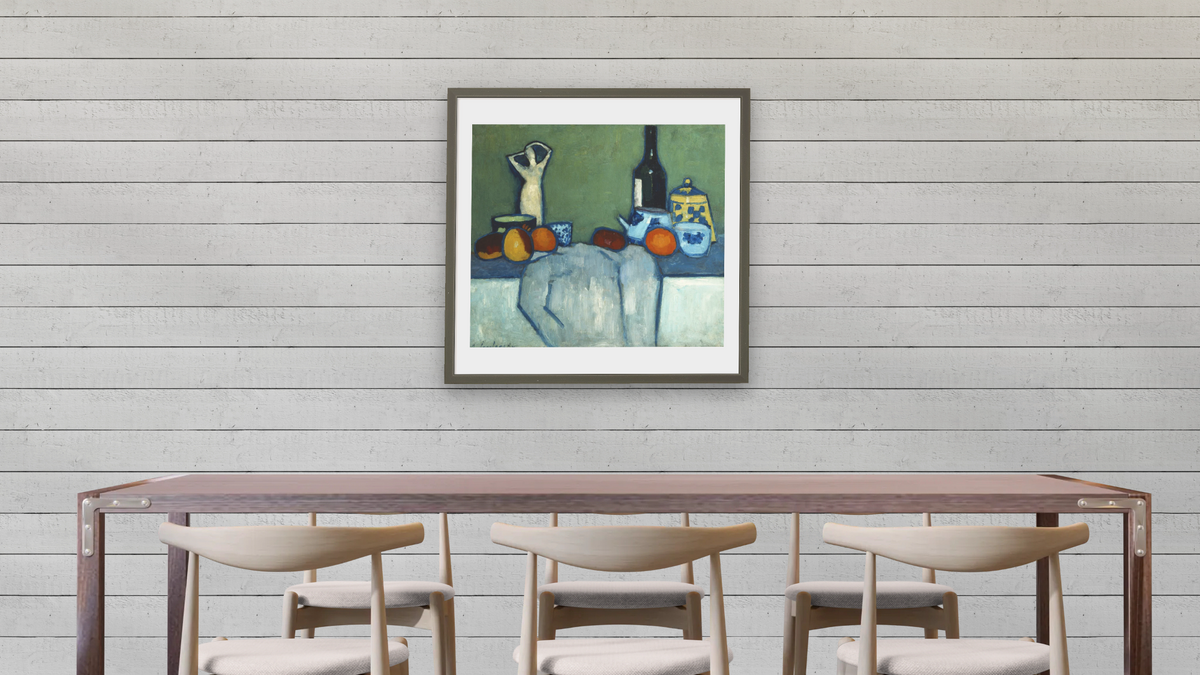 Still Life with Bottle, Fruit and Figure by Alexei Jawlensky, shown at 32 × 32 in (81.3 × 81.3 cm) in Ramino Satin Black, dining