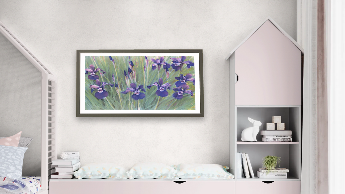 Irises by Kirsten Söderlind, shown at 20 × 40 in (50.8 × 101.6 cm) in Ramino Satin Black, bedroom