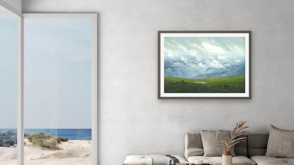 Drifting Clouds by Caspar David Friedrich, shown at 30 × 40 in (76.2 × 101.6 cm) in Ramino Satin Black, living