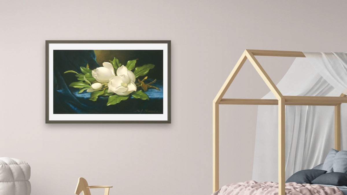 Giant Magnolias on a Blue Velvet Cloth by Martin Johnson Heade, shown at 28 × 42 in (71.1 × 106.7 cm) in Ramino Satin Black, bedroom
