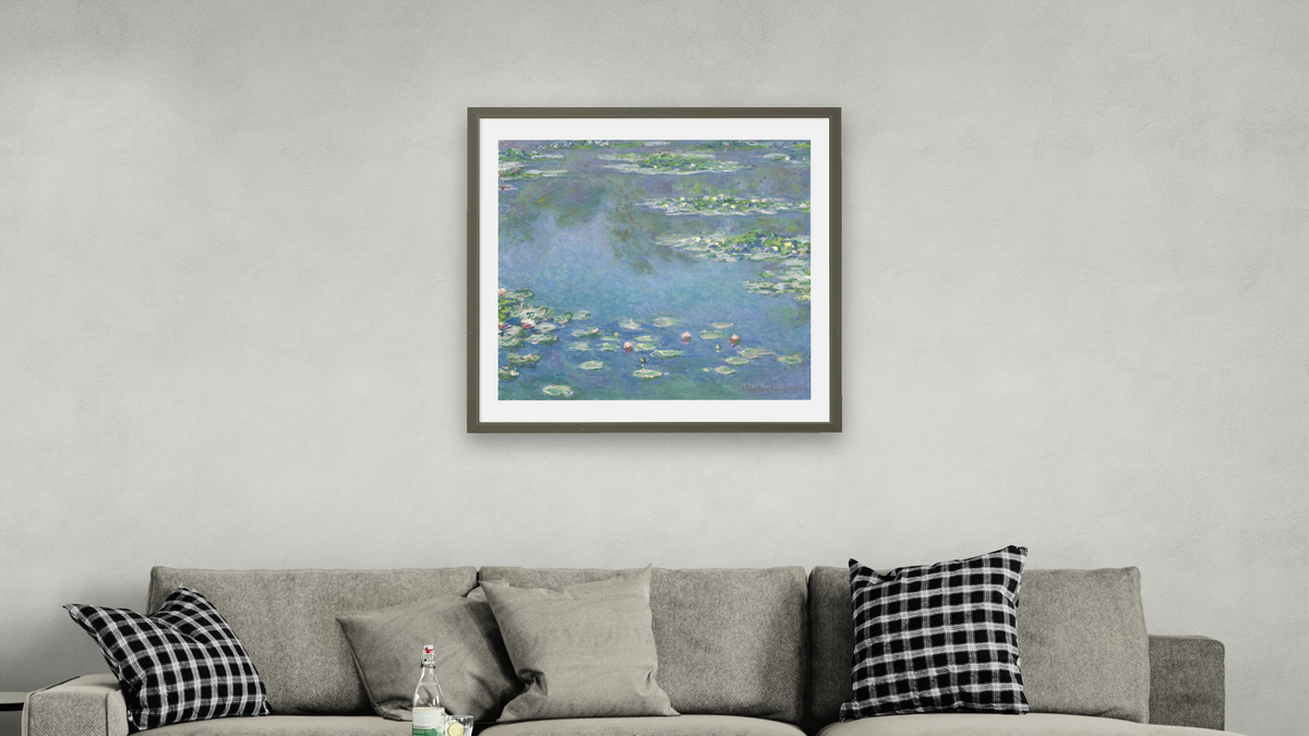 Water Lillies by Claude Monet, shown at 32 × 32 in (81.3 × 81.3 cm) in Ramino Satin Black, living
