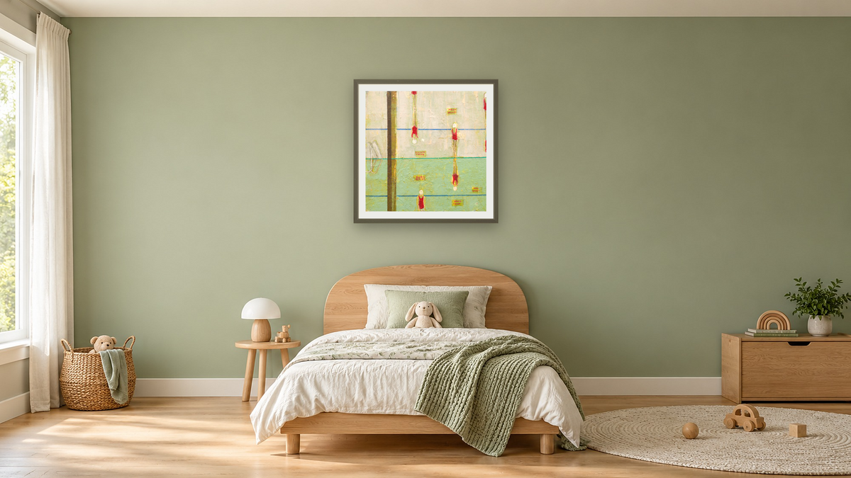 Viewing Back by Dobee Snowber, shown at 32 × 32 in (81.3 × 81.3 cm) in Ramino Satin Black, kids' room