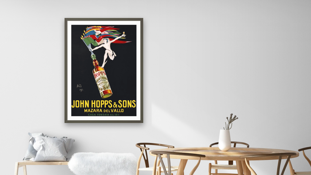 John Hopps & Sons Poster by Bazzi, shown at 28 × 42 in (71.1 × 106.7 cm) in Ramino Satin Black, dining