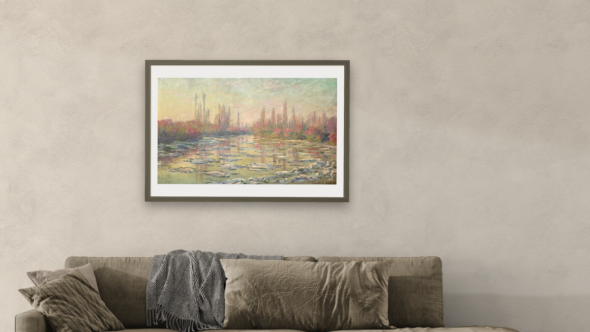 The Thaw on the Seine, near Vetheuil by Claude Monet, shown at 28 × 42 in (71.1 × 106.7 cm) in Ramino Satin Black, living