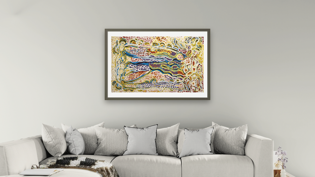 Yarla by Yulyurlu Lorna Napurrurla Fencer, shown at 28 × 42 in (71.1 × 106.7 cm) in Ramino Satin Black, living