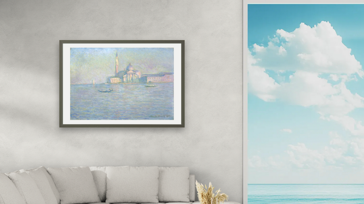 The Church of San Giorgio Maggiore, Venice by Claude Monet, shown at 28 × 42 in (71.1 × 106.7 cm) in Ramino Satin Black, living