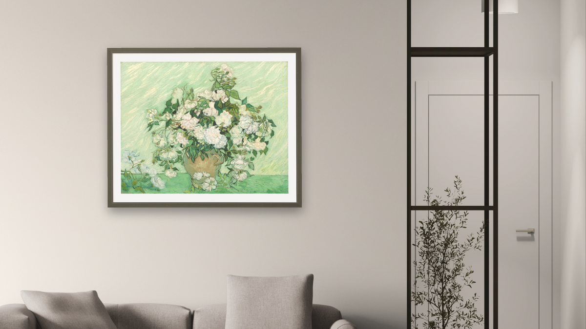 Roses by Vincent van Gogh, shown at 32 × 40 in (81.3 × 101.6 cm) in Ramino Satin Black, living