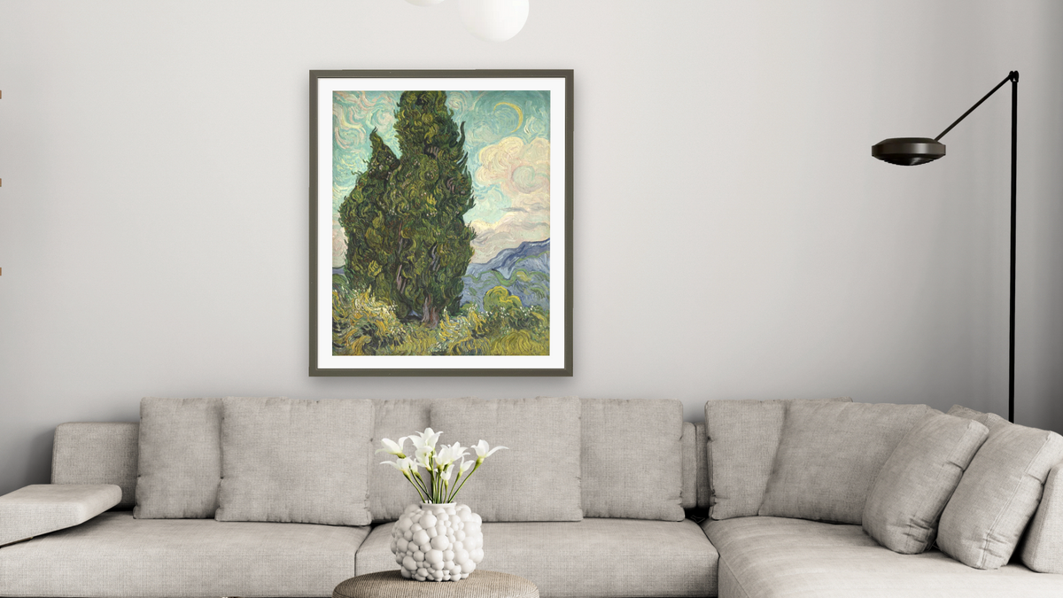 Cypresses by Vincent van Gogh, shown at 32 × 40 in (81.3 × 101.6 cm) in Ramino Satin Black, living