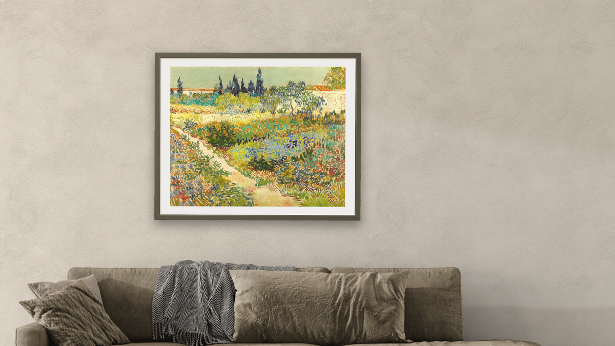 Garden at Arles by Vincent van Gogh, shown at 32 × 40 in (81.3 × 101.6 cm) in Ramino Satin Black, living