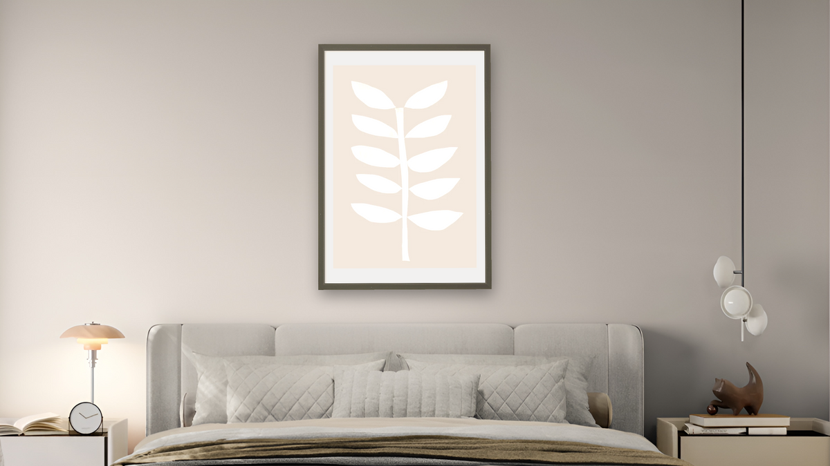 Minimal Plant 3 by Dan Hobday, shown at 28 × 42 in (71.1 × 106.7 cm) in Ramino Satin Black, bedroom