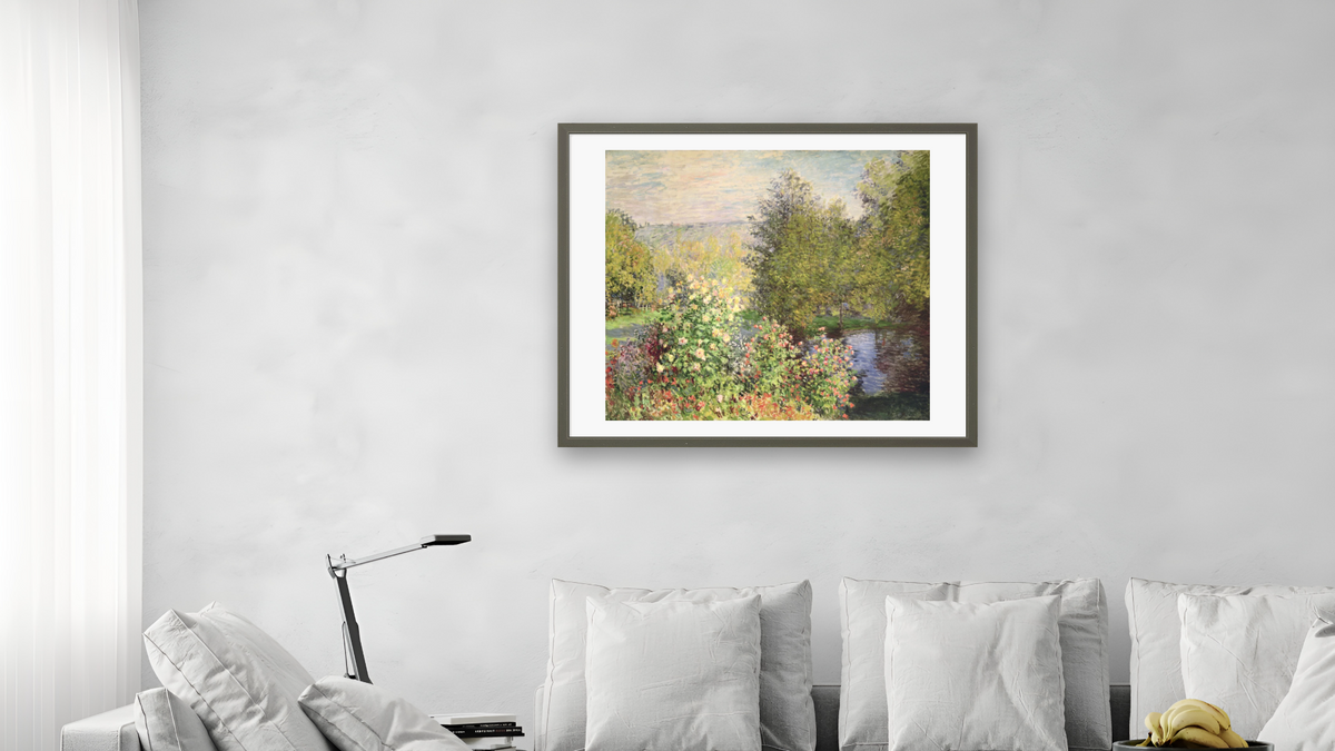 A Corner of the Garden at Montgeron by Claude Monet, shown at 32 × 40 in (81.3 × 101.6 cm) in Ramino Satin Black, living