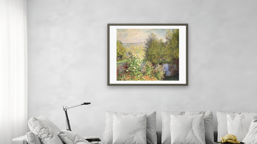 A Corner of the Garden at Montgeron by Claude Monet, shown at 32 × 40 in (81.3 × 101.6 cm) in Ramino Satin Black, living [arteriel-render:v6:room_a:32x40@57,38]