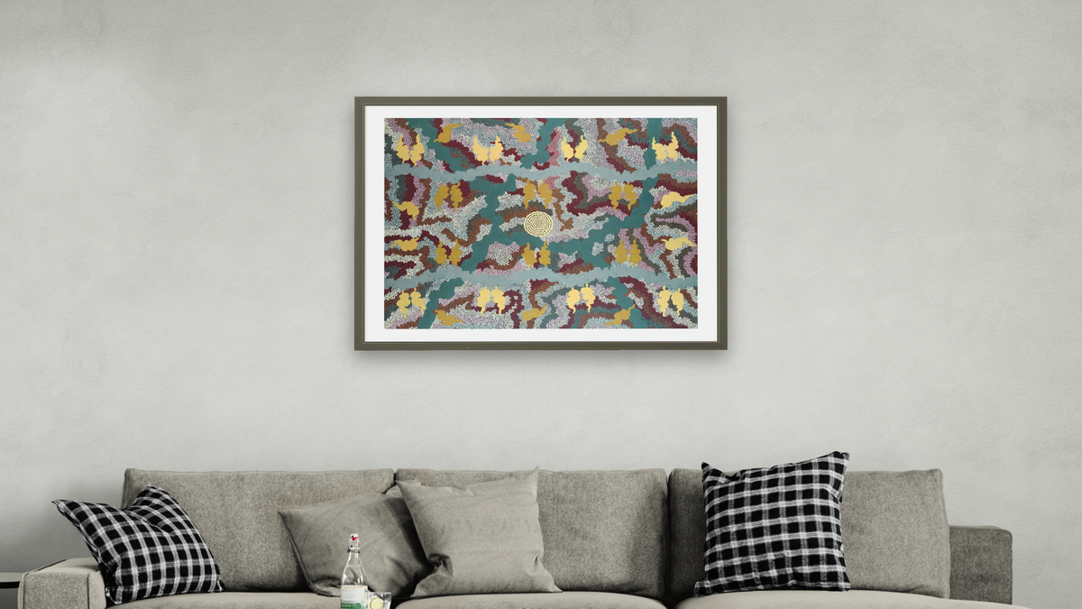 Corkwood Dreaming by Clifford Possum Tjapaltjarri, shown at 30 × 40 in (76.2 × 101.6 cm) in Ramino Satin Black, living