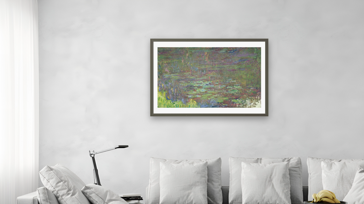 Waterlilies at Sunset (detail from the right hand side) by Claude Monet, shown at 28 × 42 in (71.1 × 106.7 cm) in Ramino Satin Black, living