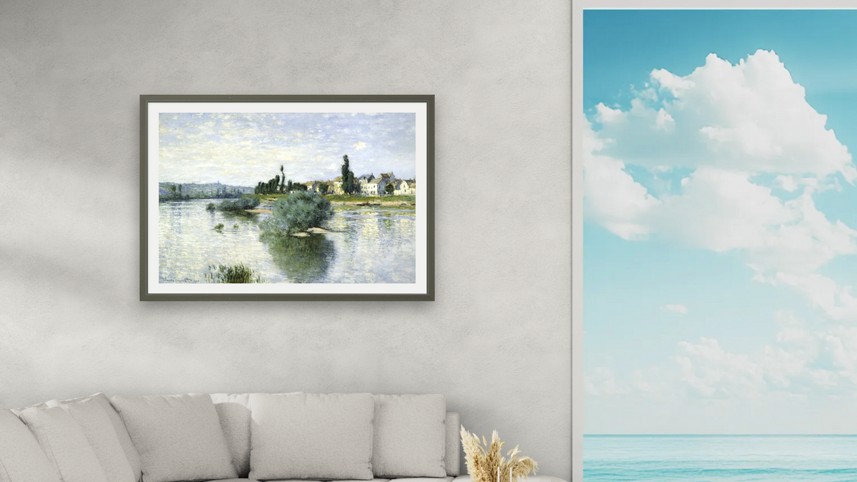 The Seine at Lavacourt by Claude Monet, shown at 28 × 42 in (71.1 × 106.7 cm) in Ramino Satin Black, living