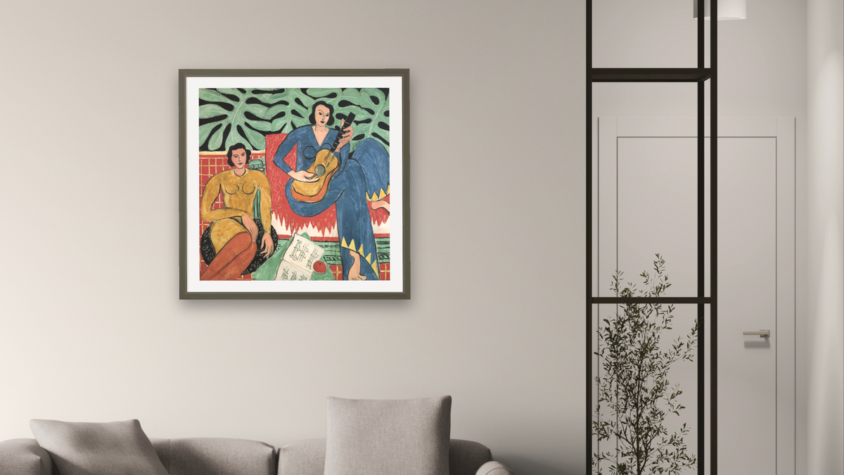 La Musique by Henri Matisse, shown at 32 × 32 in (81.3 × 81.3 cm) in Ramino Satin Black, living
