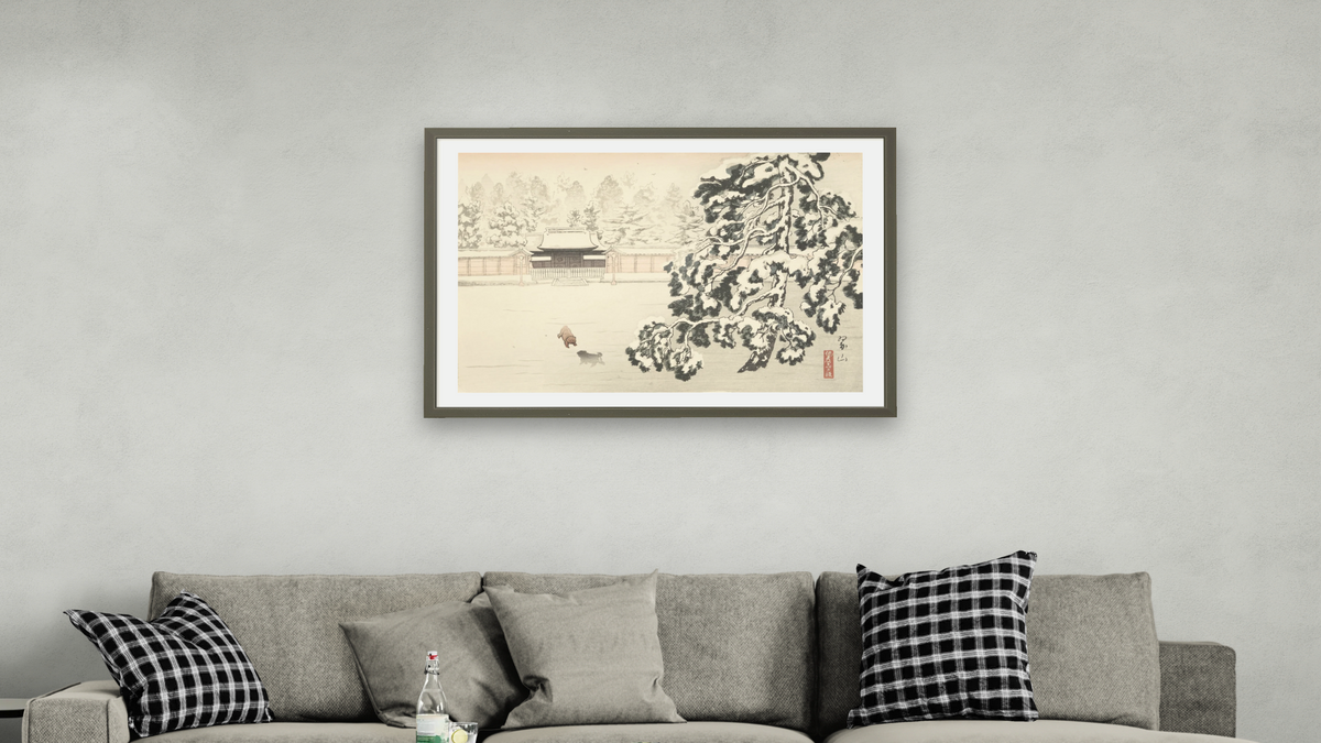 Imperial Garden, Kyoto, Early Morning (Gyo-en Nai Yuki no Akatsuki) by Miki Suizan, shown at 28 × 42 in (71.1 × 106.7 cm) in Ramino Satin Black, living