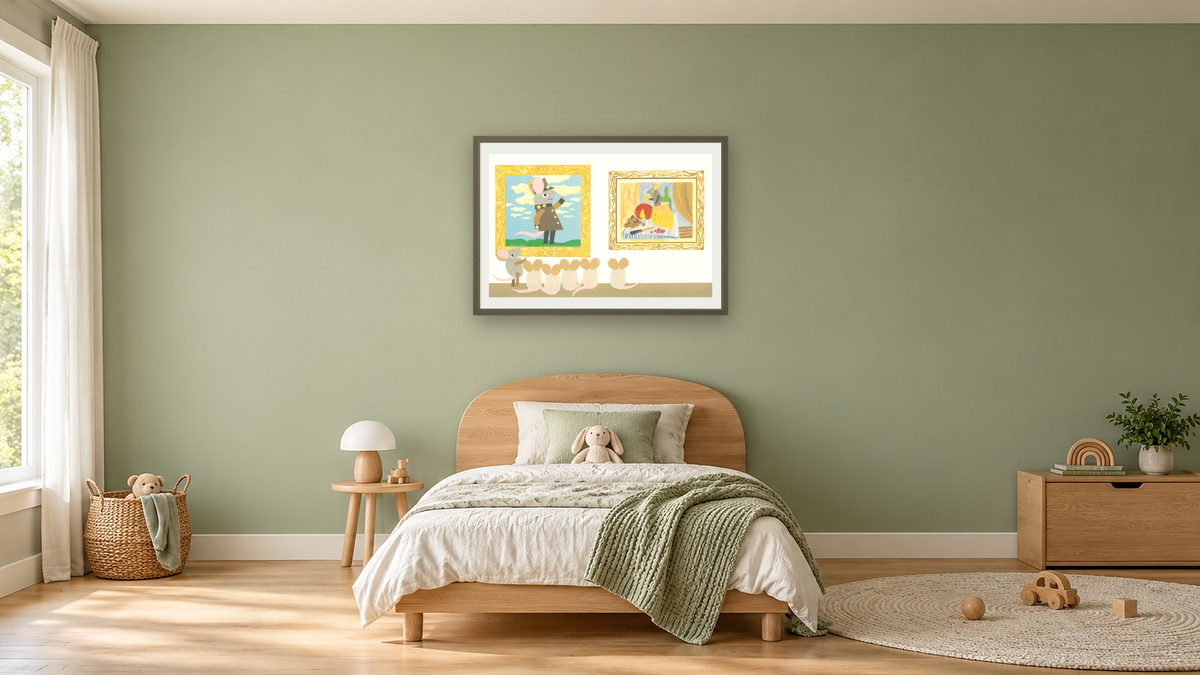 Matthew's Dream IV by Leo Lionni, shown at 28 × 42 in (71.1 × 106.7 cm) in Ramino Satin Black, kids' room
