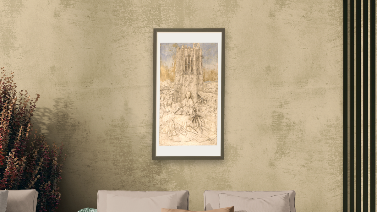 Saint Barbara by Jan van Eyck, shown at 20 × 40 in (50.8 × 101.6 cm) in Ramino Satin Black, living