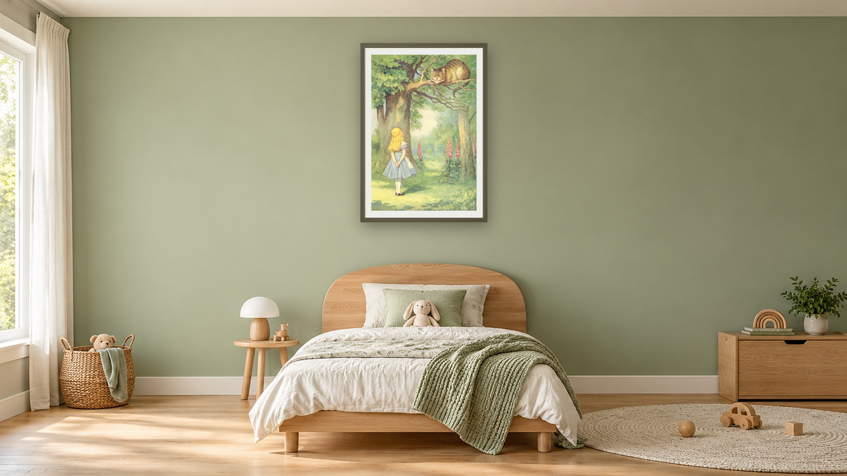 Alice and the Cheshire Cat, illustration from 'Alice in Wonderland' by Lewis Carroll by John Tenniel, shown at 28 × 42 in (71.1 × 106.7 cm) in Ramino Satin Black, kids' room