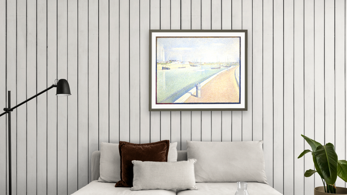 The Channel of Gravelines, Petit Fort Philippe by Georges Seurat, shown at 32 × 40 in (81.3 × 101.6 cm) in Ramino Satin Black, living