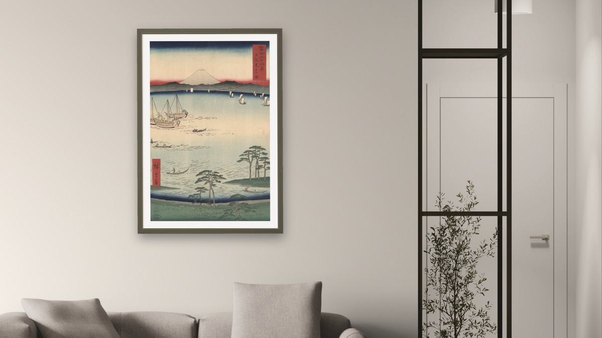 Kuroto Bay in Kazusa Province, no. 34 from Views of Mt. Fuji by Andō Hiroshige, shown at 28 × 42 in (71.1 × 106.7 cm) in Ramino Satin Black, living