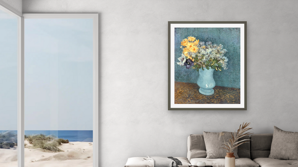 Vase of Flowers by Vincent van Gogh, shown at 32 × 40 in (81.3 × 101.6 cm) in Ramino Satin Black, living