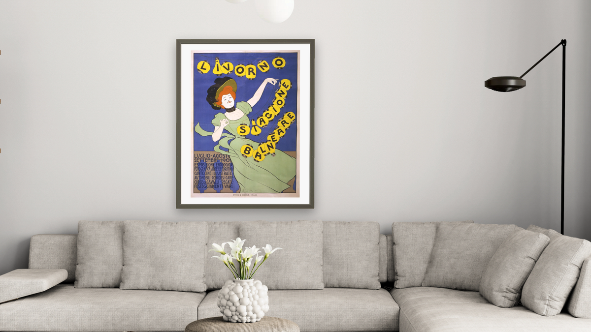 Livorno Stagione Balneare poster by Leonetto Cappiello, shown at 30 × 40 in (76.2 × 101.6 cm) in Ramino Satin Black, living