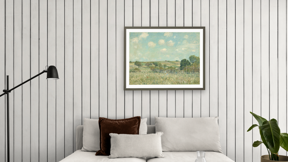 Meadow by Alfred Sisley, shown at 30 × 40 in (76.2 × 101.6 cm) in Ramino Satin Black, living