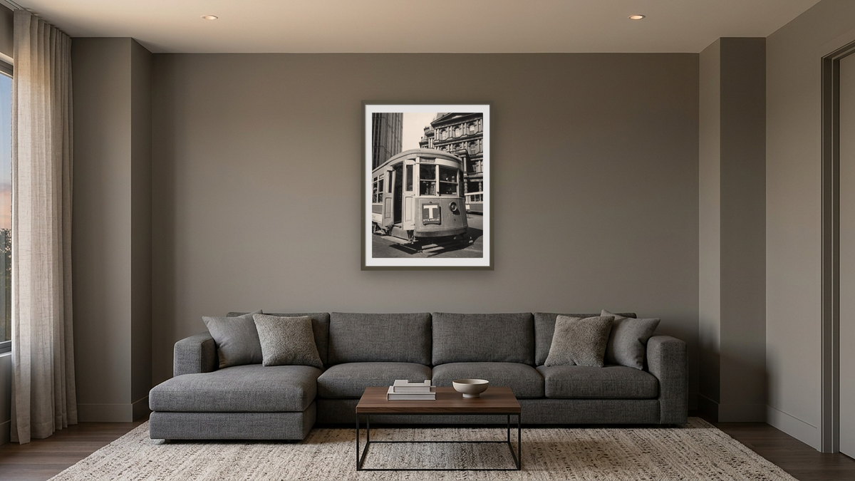 Old Post Office with Trolley - II, Park Row and Broadway, Manhattan by Berenice Abbott, shown at 30 × 40 in (76.2 × 101.6 cm) in Ramino Satin Black, media room