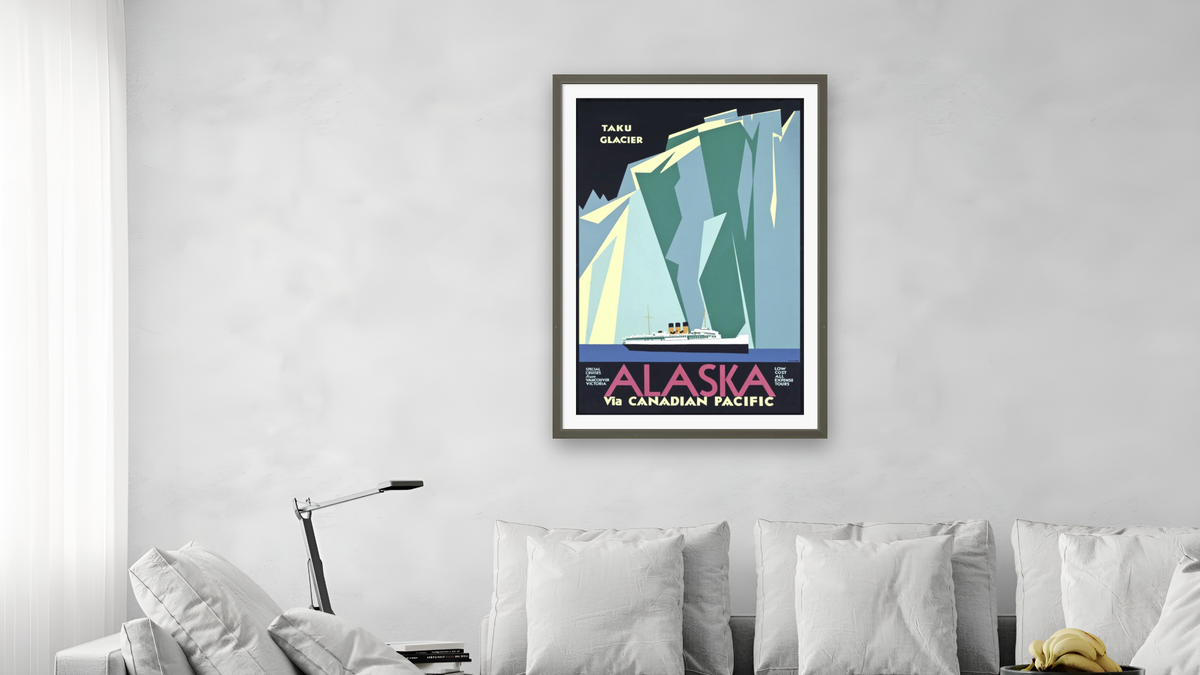 BPL Travel Posters, shown at 28 × 42 in (71.1 × 106.7 cm) in Ramino Satin Black, living
